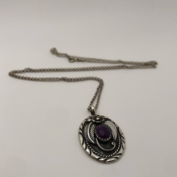 Vtg Navajo Sterling Silver Purple Mojave Mohave Stone Floral Necklace 22” +1.4” - Picture 4 of 12